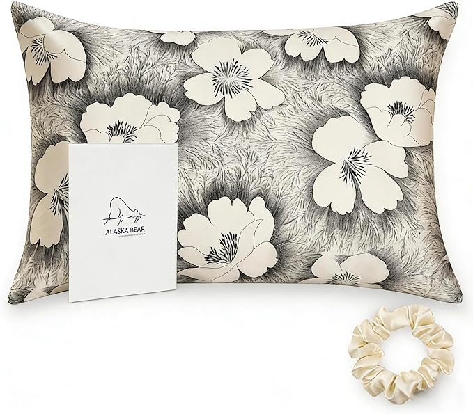 ALASKA BEAR Natural Silk Pillowcase, Hypoallergenic, 22 Momme, 600 Thread Count 100 Percent Mulberry Silk, King Size with Hidden Zipper (1, Floral)
