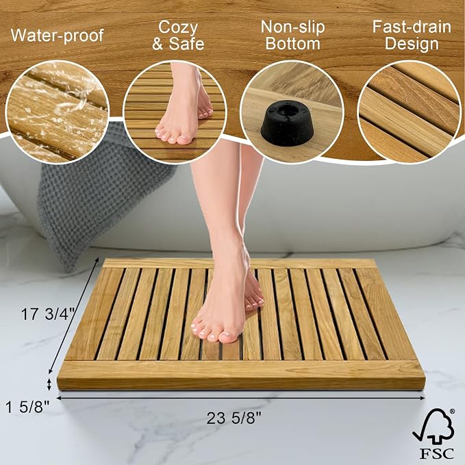 StrongTek 24 inch Teak Shower Mat, Water-Resistant, Non-Slip, Easy-to-Clean Bath Mat for Safety and Durability, Ideal for Bathrooms, Saunas, Spas, and Outdoor Use