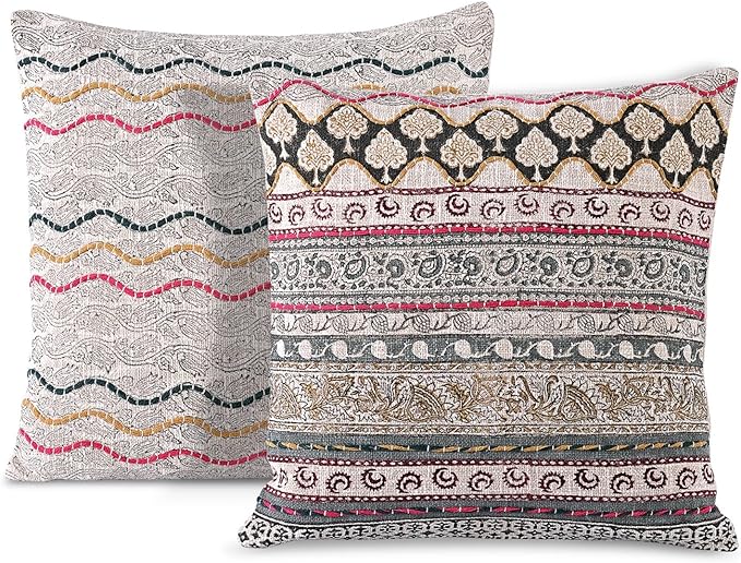 Ridhi Hand Block Print Neutral Ivory Grey Cotton TNT Cushion Cover 20x20 Decorative Throw Pillow Cover for Sofa, Living Room, Bedroom Decor, Soft, Cushion Case for Spring, Easter