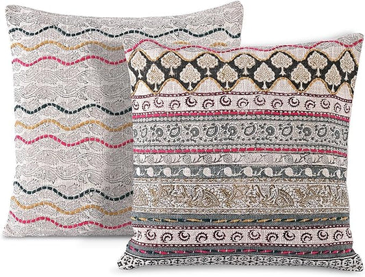 Ridhi Hand Block Print Neutral Ivory Grey Cotton TNT Cushion Cover 20x20 Decorative Throw Pillow Cover for Sofa, Living Room, Bedroom Decor, Soft, Cushion Case for Spring, Easter