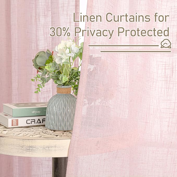 LAMIT Pink Linen Curtains for Living Room 96 Inches, Back Tab and Rod Pocket Semi Sheer Panels Light Filtering Farmhouse Drapes for Bedroom/Girl's Room, Set of 2, 52 x 96 Inch