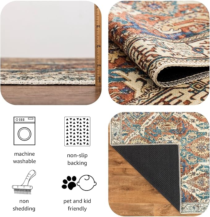 Keen Home Design 30"x84" Rug - Machine Washable Runner Rug with Non-Slip Backing, Ideal for Hallway, Entryway, Kitchen, Laundry Room - Vintage, Easy Clean, Durable, Low Pile Rug - (2'6" x 7')