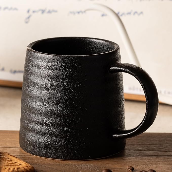 15.5 Oz Large Textured Matte Black Glaze Ceramic Mug, Heavy Weighted Stoneware Coffee Cup, Wide Base, Thick Wall Big Tea Cup with Custom Package Box, Microwave & Dishwasher Safe (Black)