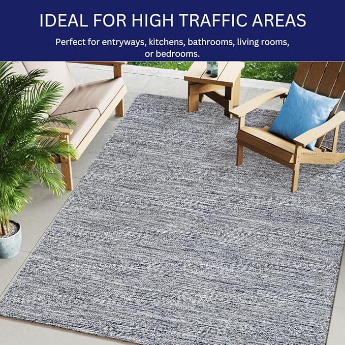 Hand Woven Area Rug 4x6 Feet - Rustic Farmhouse Bohemian Accent Rug for Living Room Bedroom Kitchen Entryway Floor Mats - Ideal for High Traffic Areas 100% Cotton Rag Rug Blue