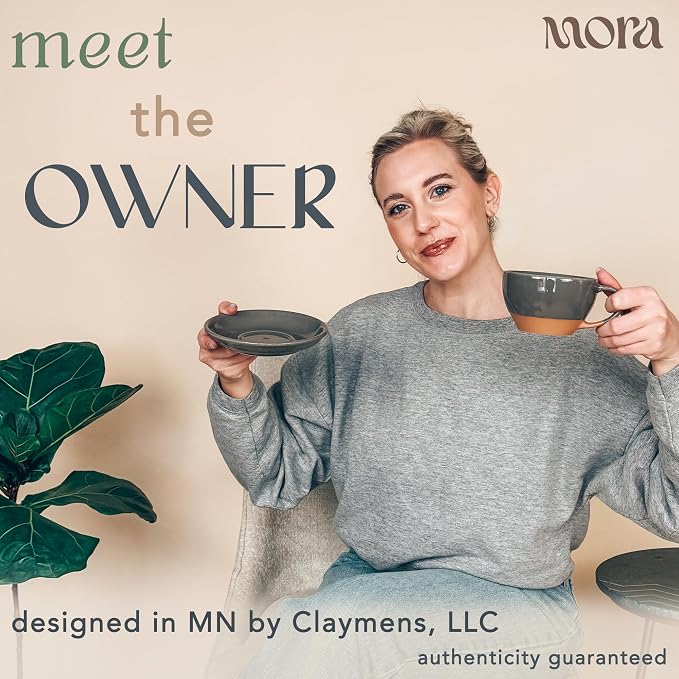 MORA Ceramic Latte Art Mug With Saucer - 10.5 oz, Round Bottom For Perfect Pours - Cafe Cups for Cappuccino, Espresso, Coffee, Tea etc - Porcelain Set for Baristas, Great Gift - Sesame Milk
