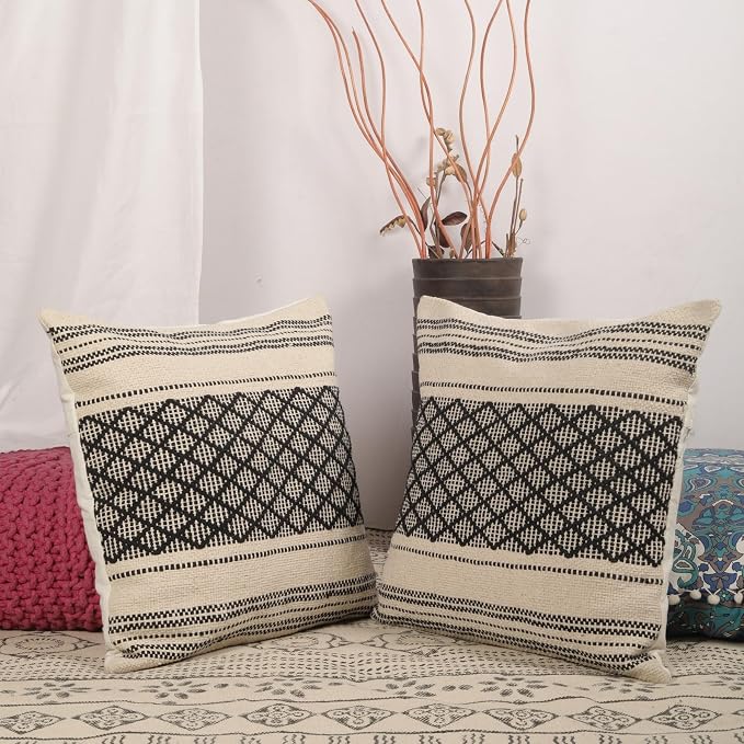 Trade Star Set of 2 Designer Pure Cotton Perfect Pillow Covers 20x20 Handloomed 100% Cotton Cushion Covers Rustic Farmhouse Decor Boho Throw Cushion Case Decorative Pillow Case for Couch