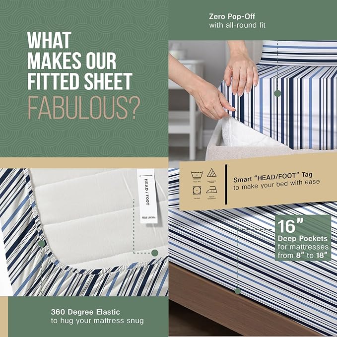 TEXAS LINEN CO. 100% Organic Cotton Sheets Twin XL Size - 3 PC Organic Cotton Percale Printed Sheets Twin XL Set (Variegated Stripe), Soft Bedsheets, 16" Deep Pocket Hotel Bedding - GOTS Certified