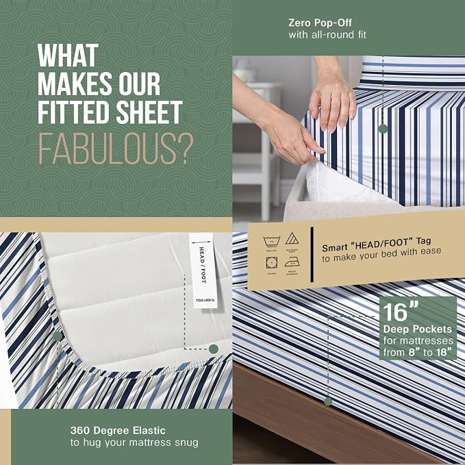 TEXAS LINEN CO. 100% Organic Cotton Sheets Queen Size - 4 PC Organic Cotton Queen Percale Printed Sheet Set, Soft, Cooling, Crisp & Breathable, 16" Deep Pocket Hotel Bedding Set - Variegated Stripe