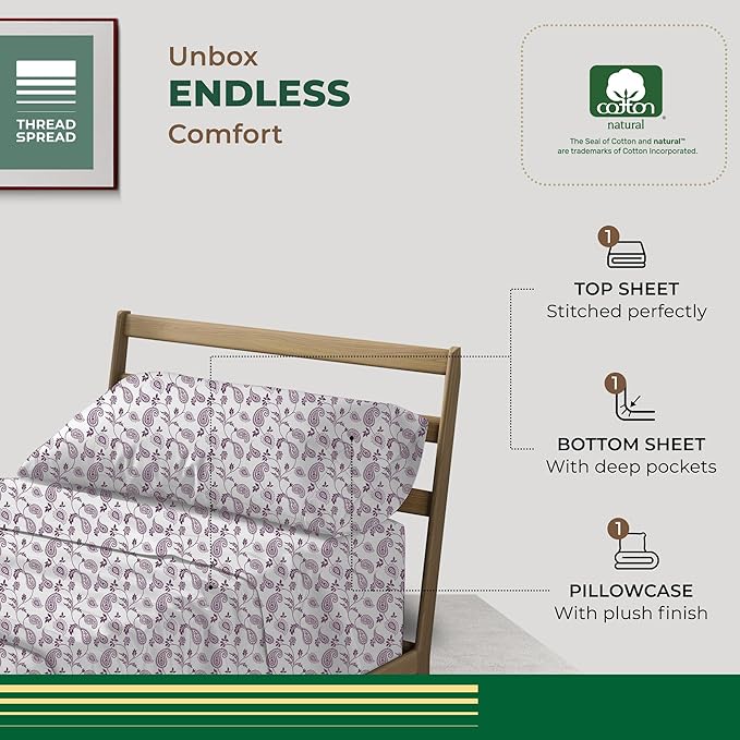 THREAD SPREAD 100% Organic Cotton Sheets Twin XL Size - Organic Cotton Percale Weave Sheet Set (3 PC, Paisley), Soft, Cooling, Crisp & Breathable, 16" Deep Pocket Hotel Quality Bedding Set