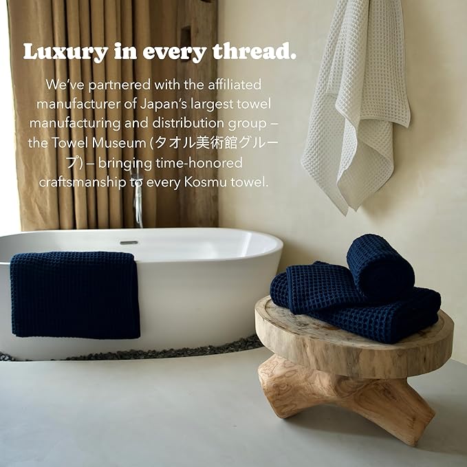 Luxury Organic Japanese Cotton Waffle Bath Towel | Thick, Absorbent, Quick Dry Bathroom Towels for Shower, Sauna, Onsen| Hotel & Spa Quality, Gift-Ready (Ocean Blue, Bath Sheet, 67" x 34")