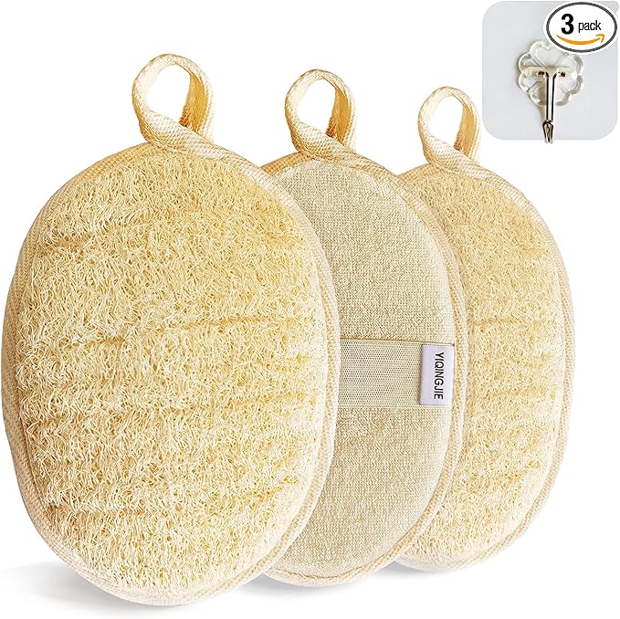 YIQINGJIE Natural Loofah Sponge Exfoliating Body Scrubber (3 Pack),Made with Eco-Friendly and Biodegradable Shower Luffa Sponge, Loofah for Women and Men, Beige
