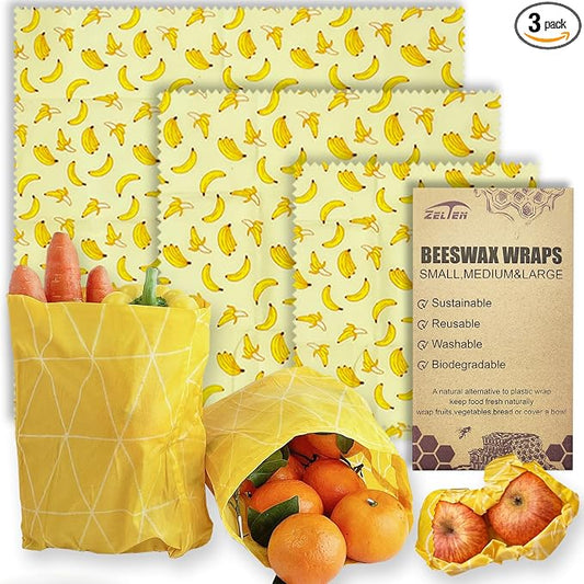 Zelten Beeswax Reusable Food Wraps - (3 Packs, 3 Sizes S,M,L) Plastic and Silicone Free, Eco-friendly Wrap, Wax Paper for Food,Banana