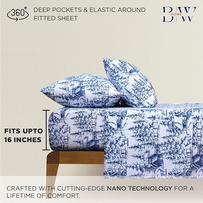 Briarwood Home® Printed Flannel Sheet Set, 100% Natural Cotton, Soft, Warm & Deep Pocket, Advanced Nano-Tech Making it Resistance to Pilling; Brushed 6 Times for Softness (Blue Sylvania, Twin)