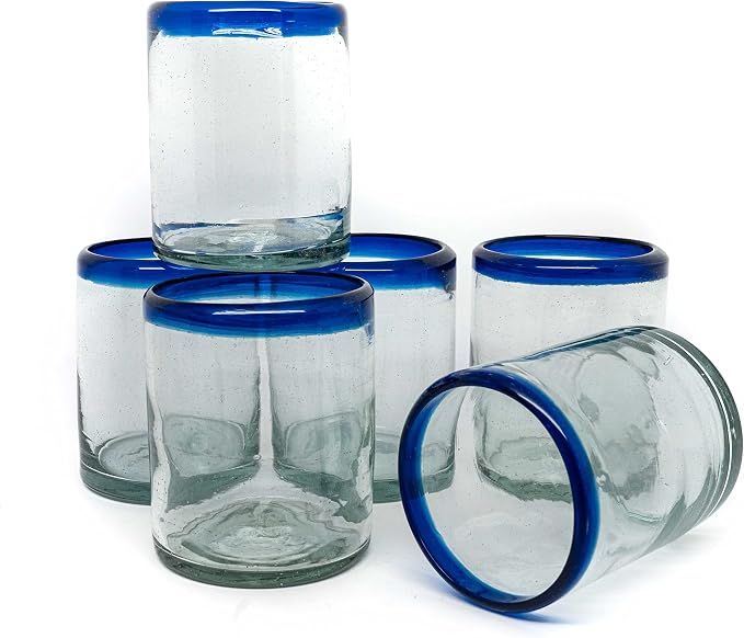 Set of 6 Hand-Blown Tumbler (10 oz) Glasses from Mexico with Cobalt Blue Rim - Rustic & Handcrafted Recycled Bubble Glass Drinking Glassware