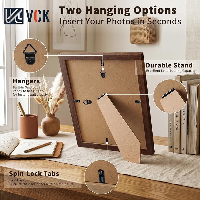 VCK 8x12 Picture Frames Brown - 3 Pack, Wide Border Wood, Tempered Glass, Display 6x8 Photo with Mat or 8 x 12 Without,for Home, Office, Gallery, Woodgrain Series, Tabletop & Wall Hanging