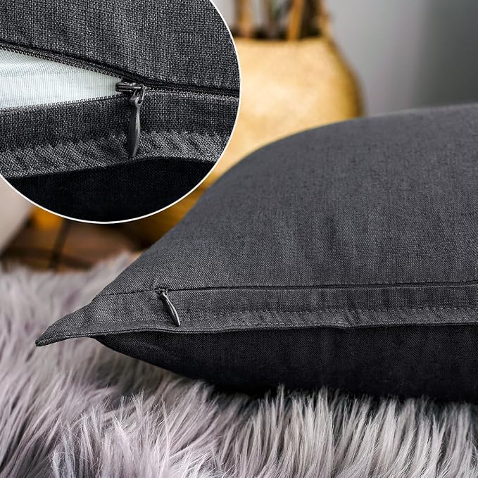 Jeanerlor Natural Cotton Linen Decorative Lumbar Throw Pillow Case Dark Grey Cushion Cover with Twin Needles Stitch on Edge,for Office/Coffee Shop 12"x20" 2 pack