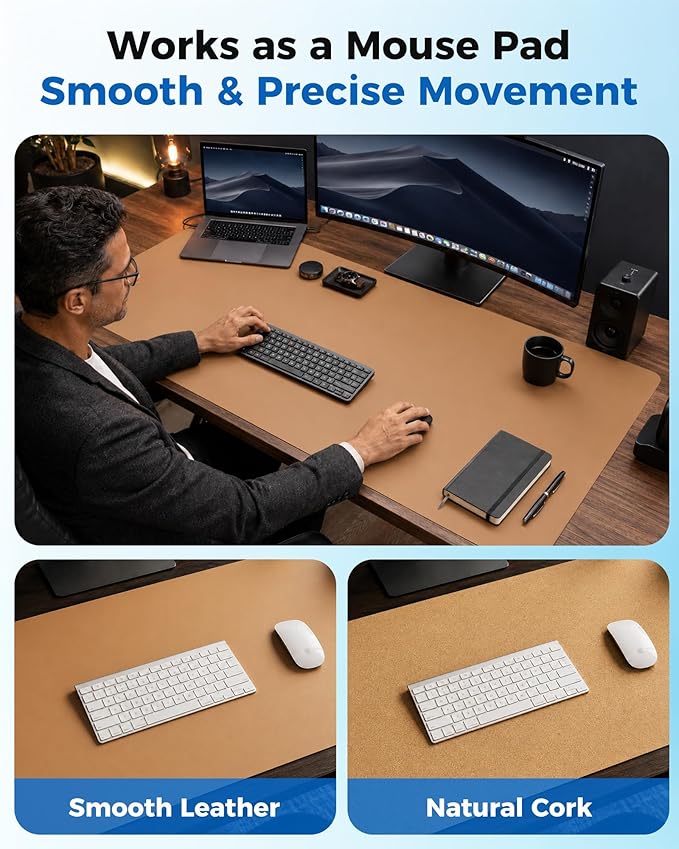 Aothia Cork Desk Mat - Dual-Sided XL PU Leather Desk Pad & Full Desk Protector, Large Waterproof Desktop Mat for Office & Gaming (47" x 23.6", Apricot)