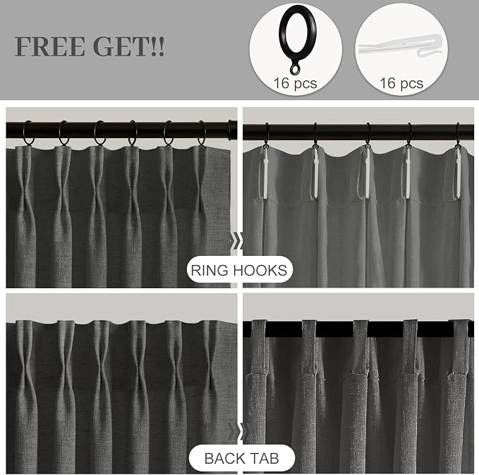 96 Inch Linen Curtains for Living Room, Pinch Pleated Semi Sheer Curtain Rustic Textured Light Filtering Back Tab Drapes with Hooks Rings for Bedroom Farmhouse, Charcoal Grey, W40xL96, 2 Panels