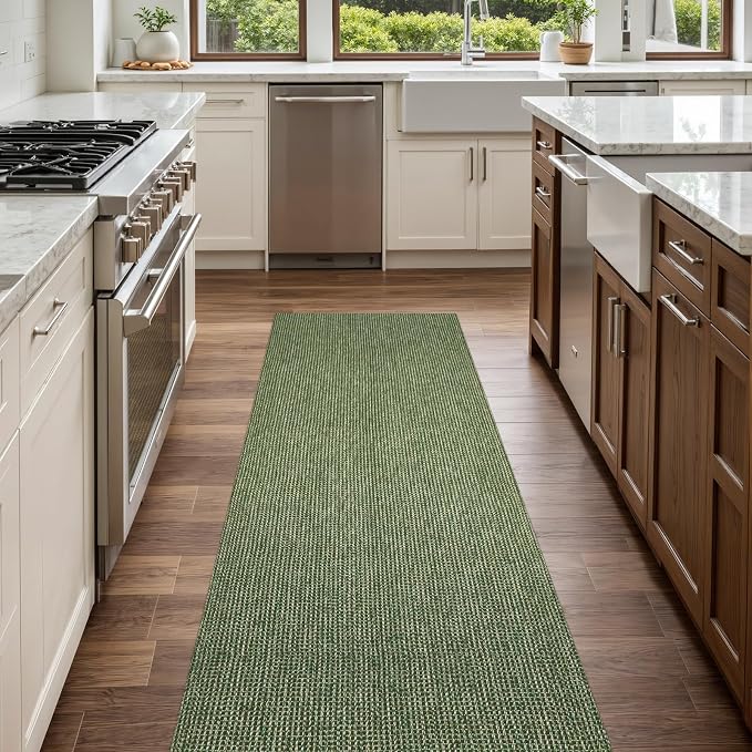 Uphome Kitchen Runner Rug, 2'6x8 Washable Boho Rug Runners for Hallways Non Slip, Low Pile Woven Cotton Modern Carpet Runners, Stain Resistant Bedroom Runner Rug for Hallway Entryway Entrance, Green