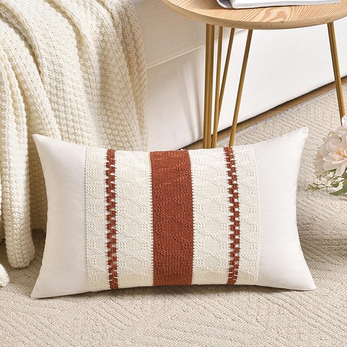 Fancy Homi Set of 1 Rust Boho Long Lumbar Decorative Throw Pillow Cover 14x24 Inch for Couch Bed Sofa, Aesthetic Modern Organic Fall Room Decor, Soft Cotton Cute Terracotta Farmhouse Cushion Case
