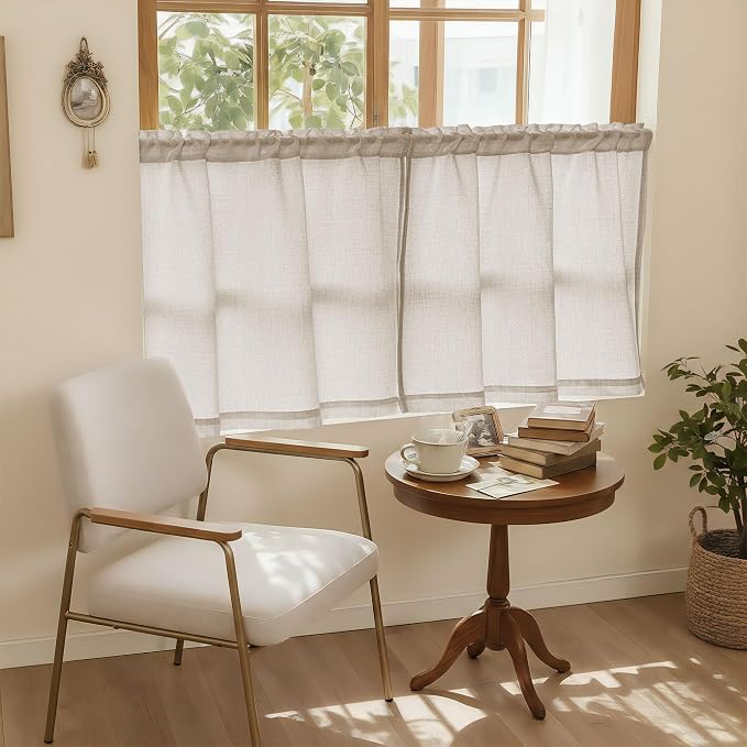 Linen Textured Bathroom Window Curtains 36 Inch Length Short Kitchen Curtain Semi Sheer Farmhouse Boho Curtains 2 Panels Tan Beige Light Coffee for Cafe Bedroom Rod Pocket Drapes W30xL36