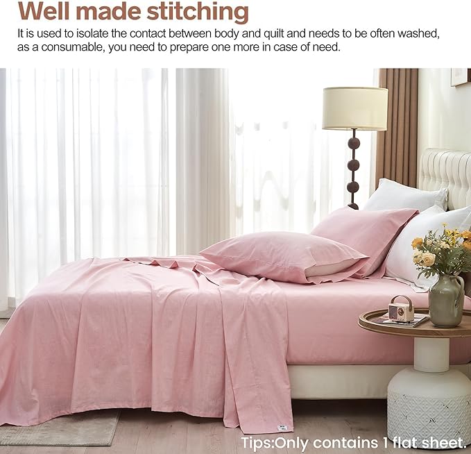 BISELINA Linen Sheet French Flax Flat Sheet Only 55% Euro Linen 45% Cotton Basic Style Solid Color Soft Breathable Farmhouse Top Sheet 1-Piece (King, Pale Pink)