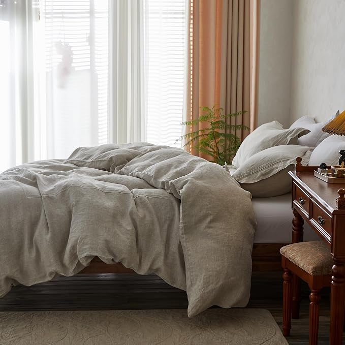 Simple&Opulence 100% Washed Linen Duvet Cover Set 88"x92" - 3 Pieces Soft Farmhouse Comforter Set Double Embroidered with Button Closure - 1 Duvet Cover and 2 Pillowshams (Linen, Queen)