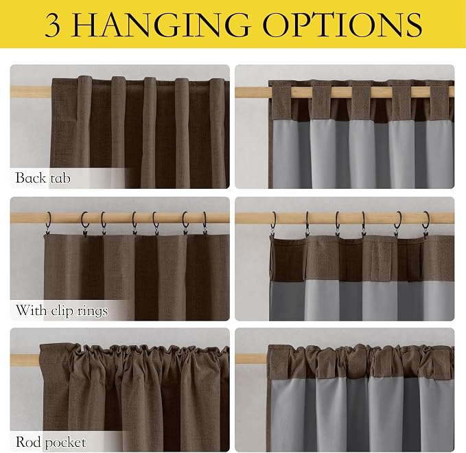 NICETOWN 100% Blackout Brown Curtains for Living Room, 52" Wide Per Panel, Set of 2, Linen Blend Thermal Insulated Curtains 84" Long, Noise Reducing Window Treatment Drapes for Home Cinema