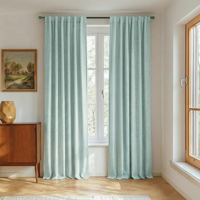 NICETOWN Linen Blackout 108 inch Curtains for Living Room 2 Panels, Thermal Insulated Curtains with Grey Liner, Farmhouse Style Drapes Ceiling to Floor for Large Window (Seafoam Green, 52" Wide Each)