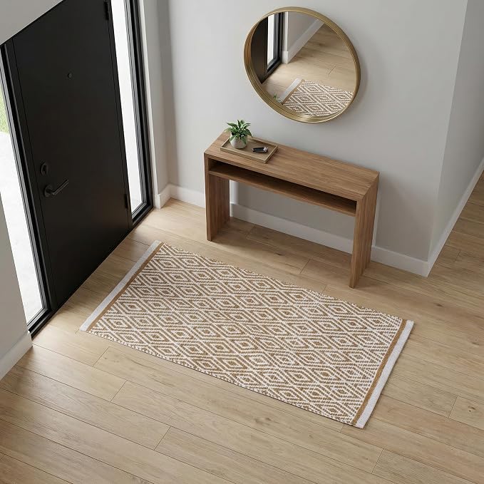 Chenille Cotton Diamond Runner Rug 2x5 Feet - Linen, Reversible Washable Soft Floor Runners Ideal for Kitchen, Hallway, Bedroom, Bathroom | Beige Farmhouse Boho Indoor Use Rugs for Patio Décor