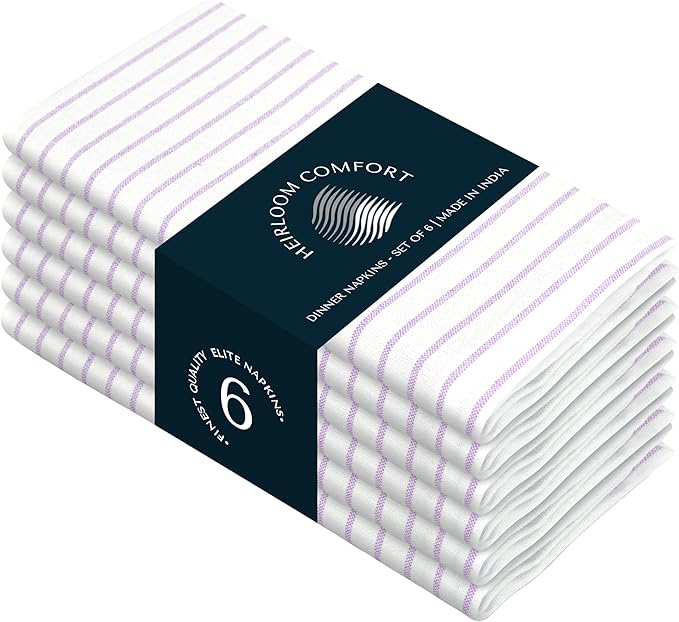 Lavender Stripe Cloth Napkins (Set of 6), Large 18 x 18 Inches, 100% Cotton, Machine Washable, Classic Striped Fabric Napkin for Dinner, Luncheon, Cocktail, Celebrations, Daily Use