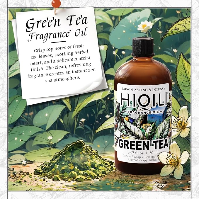 HIQILI Green Tea Fragrance Oil, Refreshing Scents for Laundry - 5.07 Fl Oz | Long-Lasing Aroma for Wool Dryer Balls, Candle & Soap Making, Home Diffusers, Pet Safe, Graduated Dropper Included