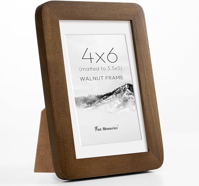 Fun Memories 4x6 Picture Frame - Solid Walnut Wood Frame, Handcrafted 4x6 Photo Frame Matted to 3.5x5 with Real Glass, Wall or Tabletop Display, 4 By 6 Photo Frame Wood, Natural Walnut