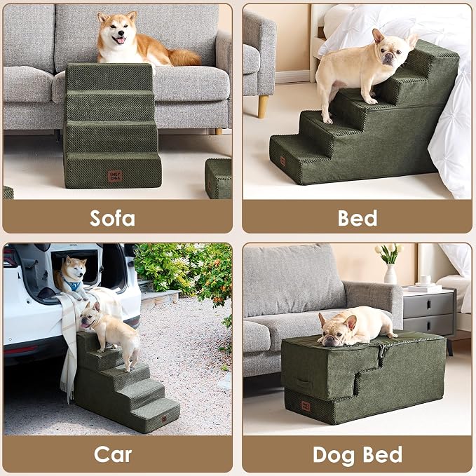 EHEYCIGA Dog Stairs for Bed 25" H, 5-Step Extra Wide Dog Steps for High Bed, Pet Steps for Small Dogs and Cats, Non-Slip Balanced Pet Ramp Indoor, Military Green