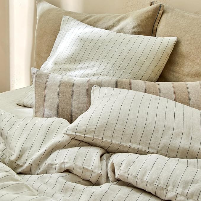 mixinni 3 Piece Striped Duvet Cover Set, Neutral Washed Cotton Linen Blend Bedding, Vintage Stripe Comforter Cover with 2 Pillowcases, Soft Breathable Farmhouse Bed Set for All Season-Queen Size