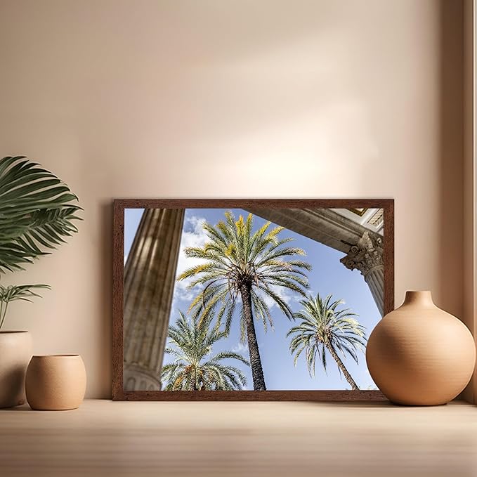 Monem Art Palermo Palm Trees Sicily Print - Tropical European Architecture Poster - Wall Decor for Living Room, Bedroom or Office - 16x20 Brown Framed Wall Art by Mareike Bohmer