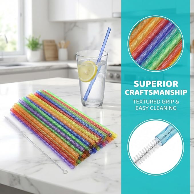 Reusable Drinking Straws 100 Pack, Assorted Color Plastic Straws, 9 Inch, Easy Clean with Brush, Durable & Dishwasher Safe for Cold Drinks & Kids