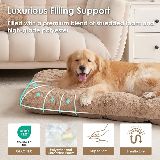 EHEYCIGA XXL Washable Dog Bed for Crate 47x29 Inch, Kennel Pad for Extra Large Dogs Up to 100 lbs, Plush and Comfy Pet Sleeping Mat, Camel