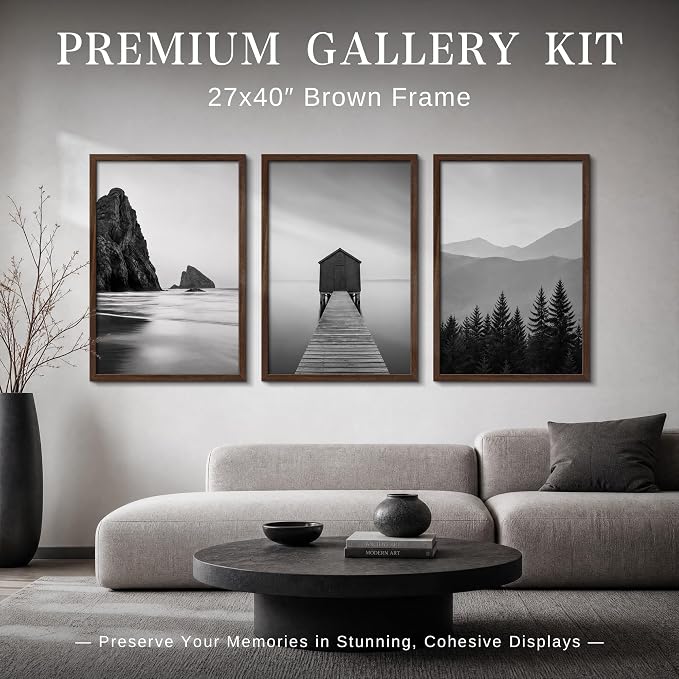 VCK 27x40 Poster Frame 3 Pack - Brown Solid Wood Picture Frames, Exclusive Wood Grain Picture Frames, Wall Hanging