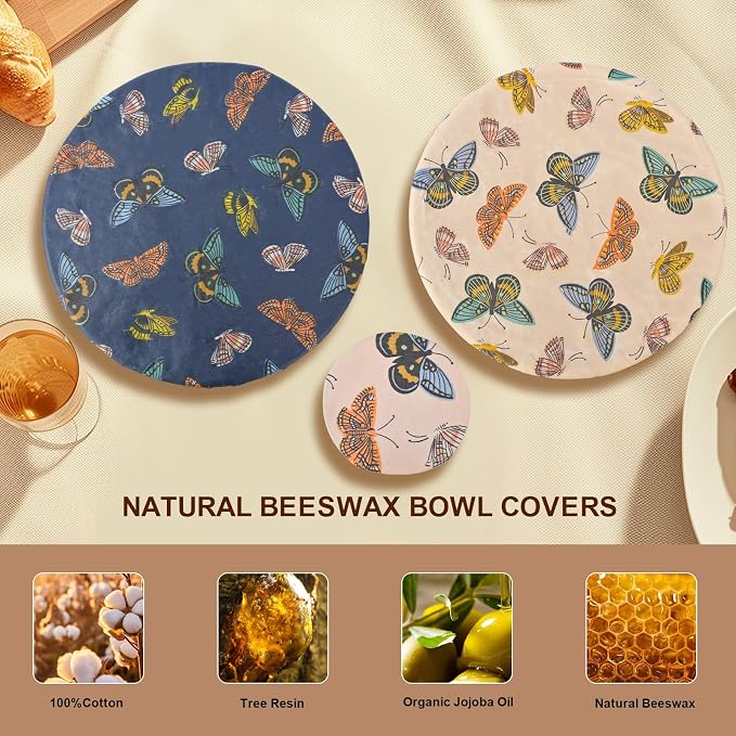 Reusable Bowl Covers for Bread Proofing - Beeswax Bowl Covers Reusable 3 Set, Cotton Blend Stretch Design, Fits 4-13 Inch Bowls, Shower Caps for Sourdough Bread（Butterfly）