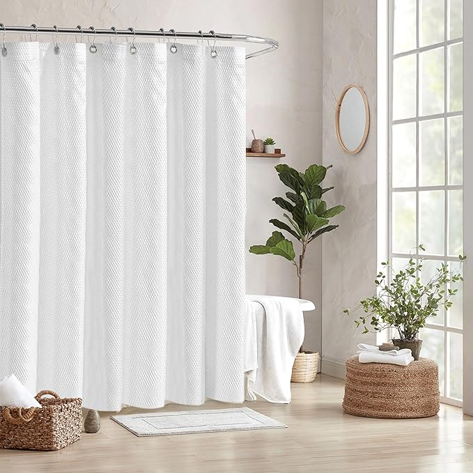 Tititex Solid White Cloth Fabric Shower Curtain Liner with 2 Magnets - Texture Pressure Bubble Soft Hotel Quality Waterproof Shower Liner, Light-Weight & Machine Washable 72x76 inch