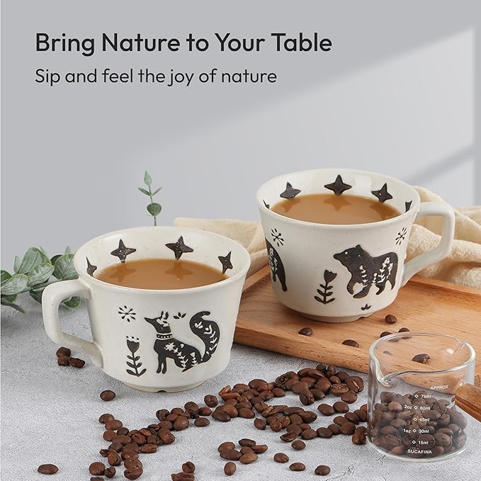 Ceramic Coffee Mug, 11 oz Small Novelty Unique Teacup with Handle, Stoneware Cup for Tea Mocha Latte Cappuccino (Set of 4, Fox and Bear)