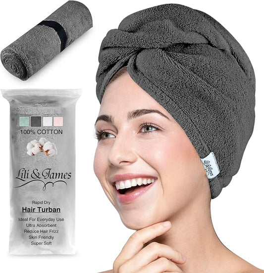 Lili&James 100% Cotton Hair Towel Wrap for Women & Kids – 420 GSM Quick Dry Hair Turban with Double Button Loop, Anti Frizz Non Microfiber Hair Drying Towel for Curly, Long & Thick Hair (Dark Grey)