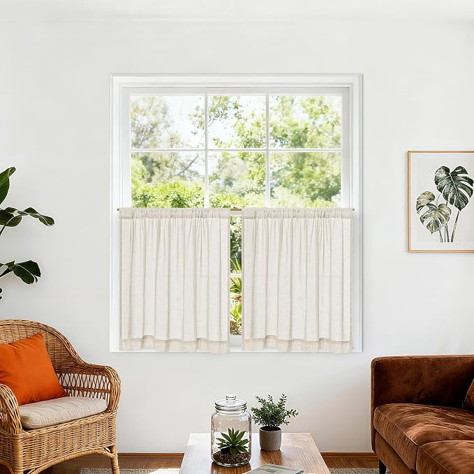 Beige Semi Sheer Linen Kitchen Curtains 24 Inch Length 2 Panels | Short Curtains, for Cafe Bathroom Basement Laundry Half Window, Rod Pocket Drapes, Privacy Light Filtering, 30Wx24L Inches