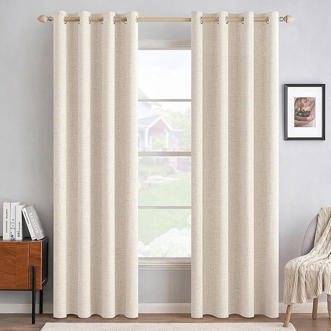 MIULEE 100% Blackout Linen Textured Curtains for Bedroom Solid Thermal Insulated Cream Beige Grommet Room Darkening Curtains & Drapes Luxury Decor for Living Room 52 x 90 Inch (2 Panels)