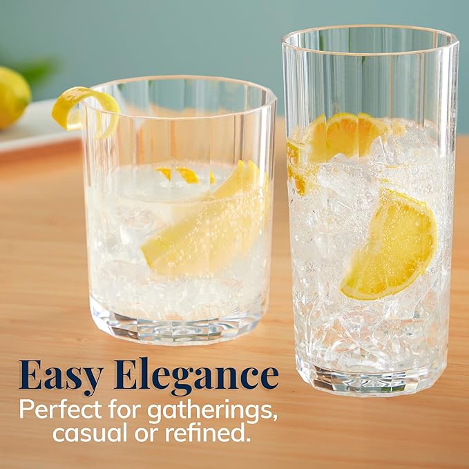 US Acrylic Faceted Clear Plastic Reusable Drinking Glasses Set of 8, 14oz Rocks and 18oz Water Tumblers, BPA-Free, Made in USA, Top-Rack Dishwasher Safe