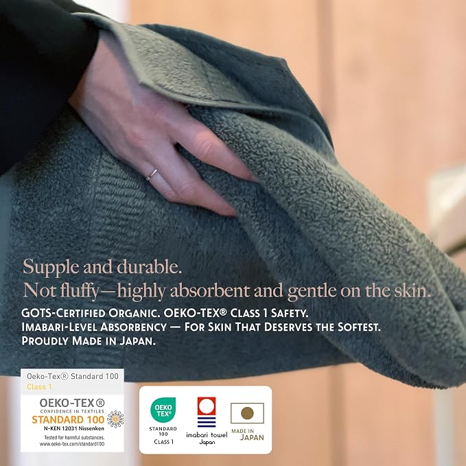 Highly Absorbent & Quick-Dry Organic Cotton Hand Towels, Lightweight & Resilient, Made in Japan, Oeko-Tex Class 1 Certified, 13.8 x 28 inch, OliveGreen, Pack of 2 – Proof of Purity
