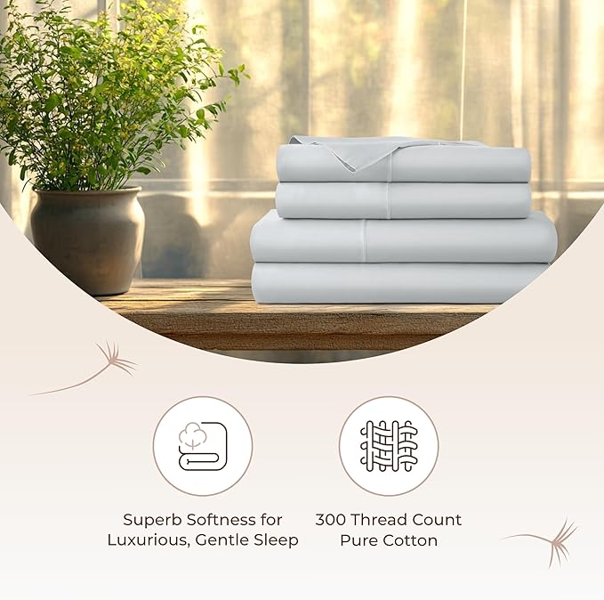 100% Organic Cotton Sheets King Size - GOTS Certified Organic Bed Sheets with Deep Pocket 300 Thread Count & Cozy Sateen Weave Gets Softer with Each Wash - Luxury 4 Piece Set (Shore, King)