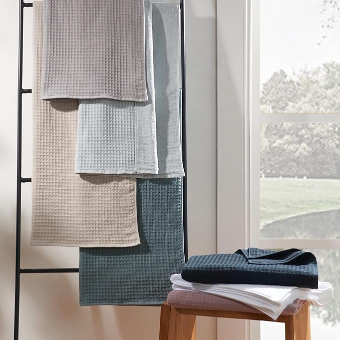 UCHINO Waffle Twist Cotton Weave Towel Set for Bathroom – 2 Bath, 2 Hand, 2 Washcloths, Lightweight Absorbent Quick Dry Honeycomb Texture Solid Terry Loop Reverse, 6 Piece, Linen