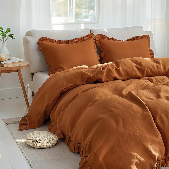 Simple&Opulence 100% Linen Duvet Cover Set, 3 PCS Natural French Flax Rust Ruffle Duvet Cover Queen Size, Breathable Comfy Linen Bedding Comforter Cover with 2 Pillowcases (Rust, 88" X 92")